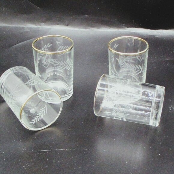 Vintage Gold-Rimmed Etched Glasses Set Of 4 Juice Glasses 3" - Picture 2 of 4